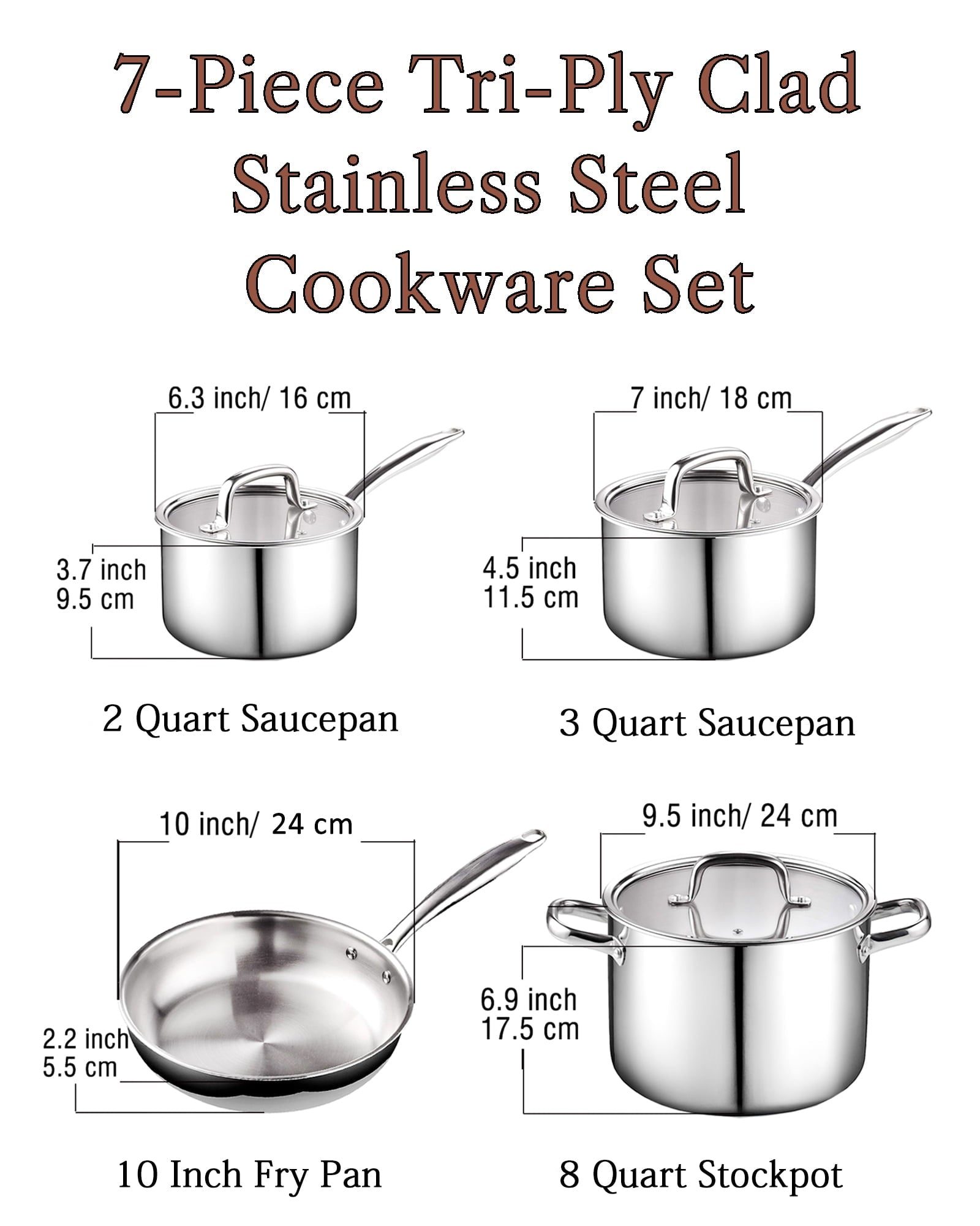 Cook N Home 7-Piece Tri-Ply Clad Stainless Steel Cookware Set, Pots and Pans Kitchen Set with Tempered Glass Lids, Induction-Ready, Dishwasher-Safe, Silver