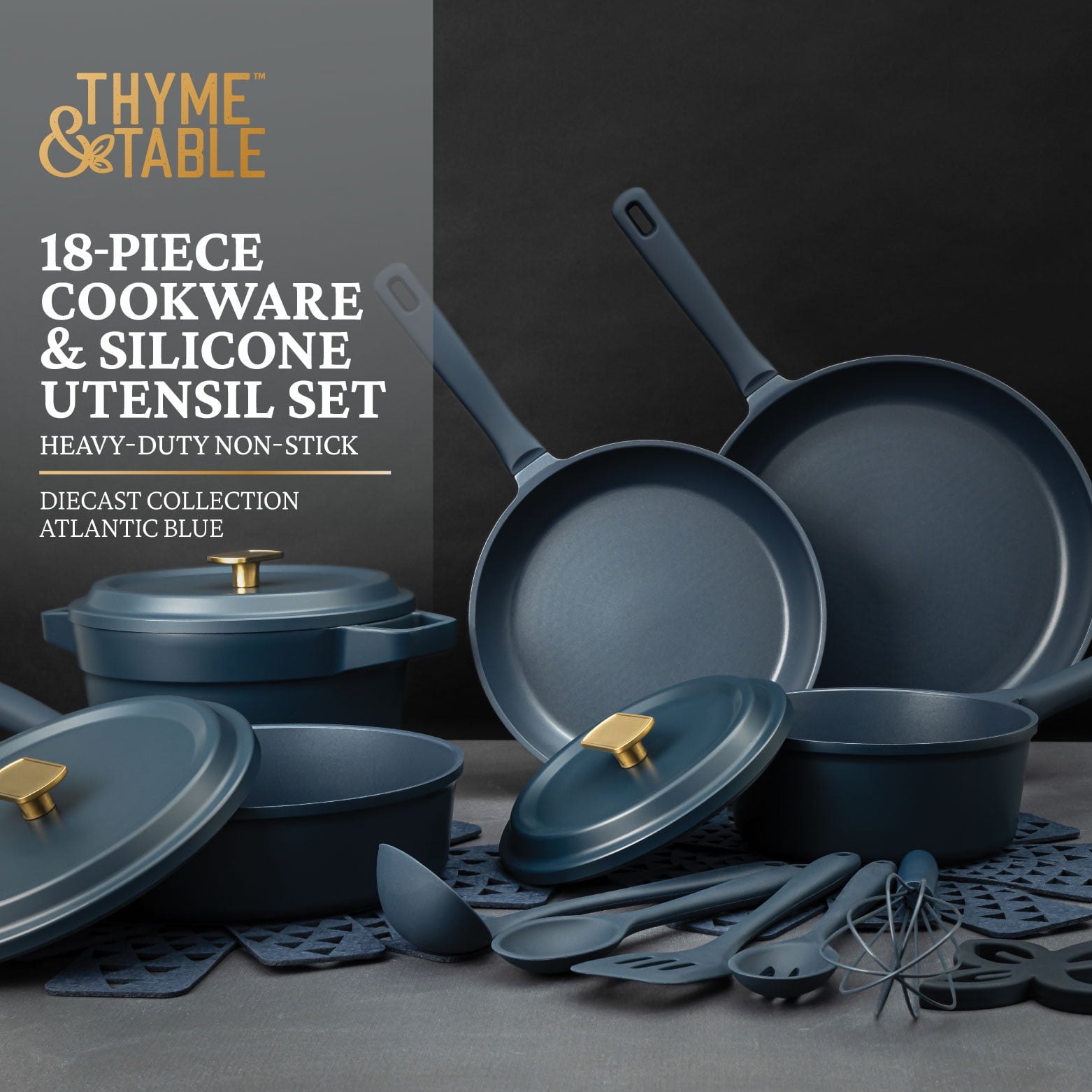 Thyme & Table 18-Piece Non-stick Diecast Cookware & Silicone Utensil Set, Pots and Pans Set - Atlantic Blue
