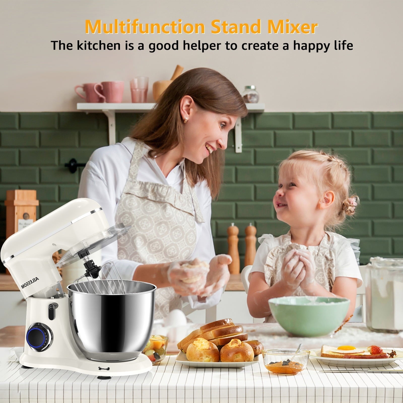 Ailessom New Stand Mixer,6.5-QT 10-Speed Tilt-Head Kitchen Electric Mixer with Bowl, Dough Hook, Beater, Whisk for Most Home Cooks,(Almond Cream)