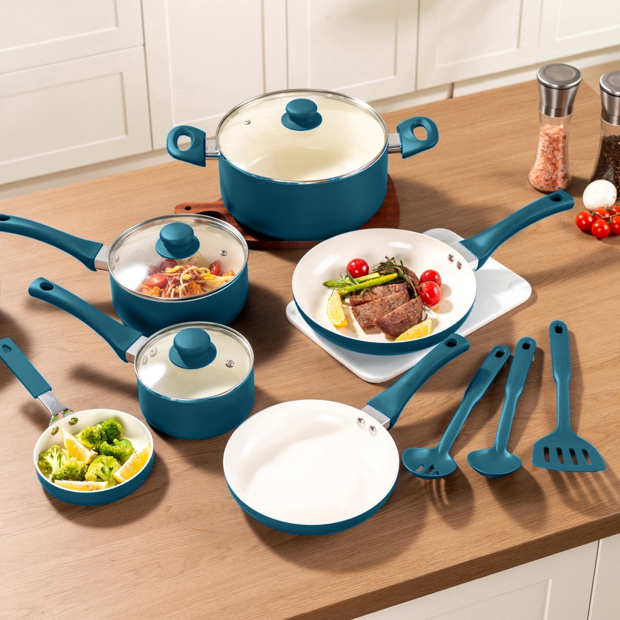 Mainstays 12 Piece Ceramic Nonstick Aluminum Pots and Pans Cookware Set, Blue