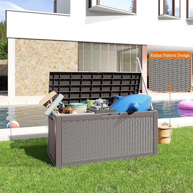 Kit com 2 Caixas de Deck Impermeáveis! –  1 de 320 galões + 1 de 30 galões -Caixa grande de armazenamento externo, móveis de pátio à prova d'água e deck de armazenamento - trancável e resistente a UV, perfeita para piscina e uso externo, resina