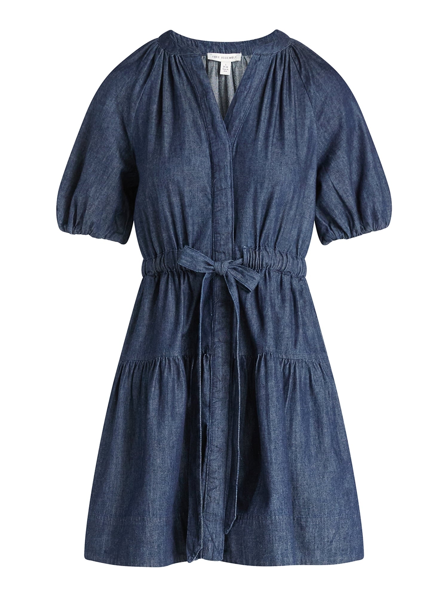Free Assembly Women's Denim Tiered Mini Dress with Puff Sleeves, Sizes XS-XXL