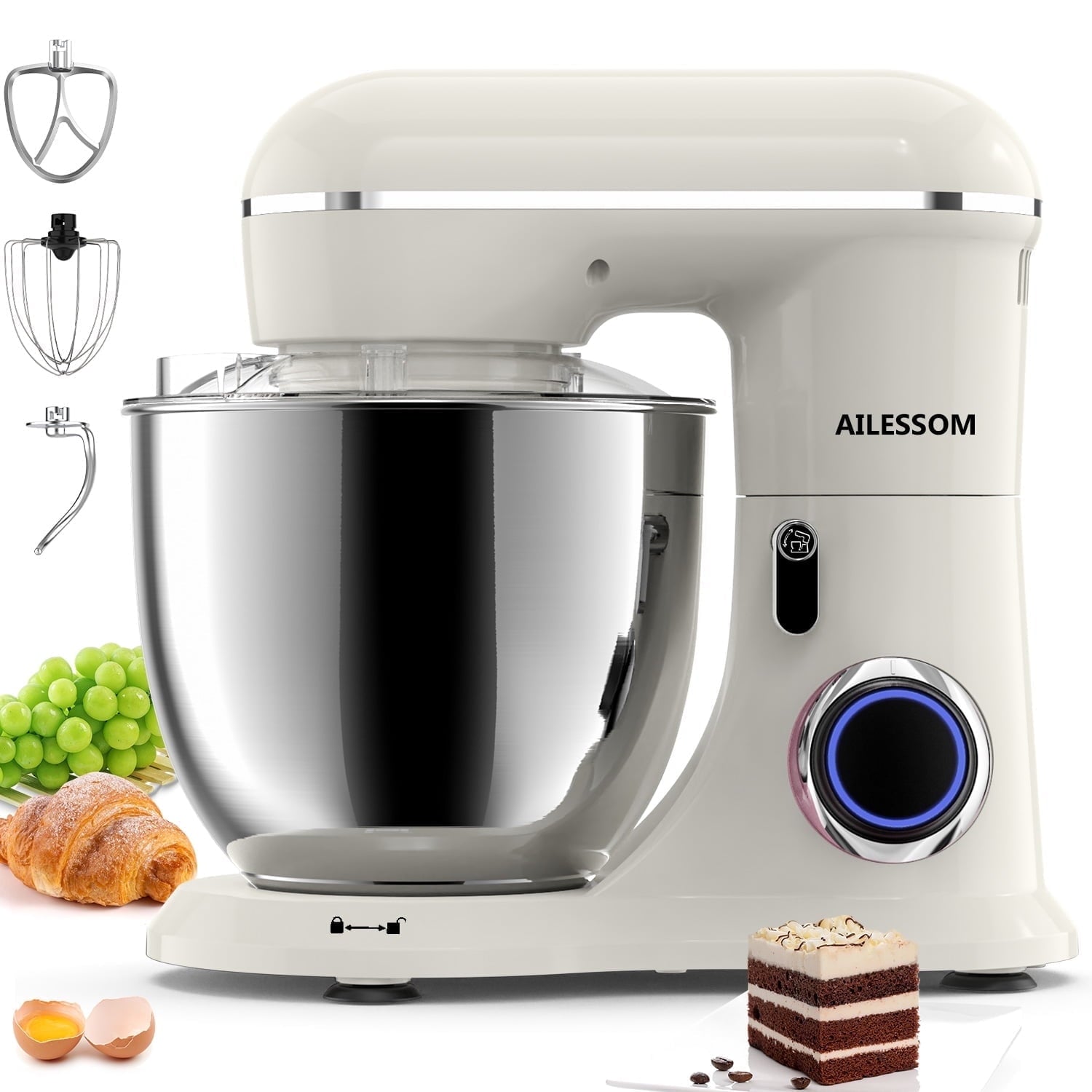 Ailessom New Stand Mixer,6.5-QT 10-Speed Tilt-Head Kitchen Electric Mixer with Bowl, Dough Hook, Beater, Whisk for Most Home Cooks,(Almond Cream)