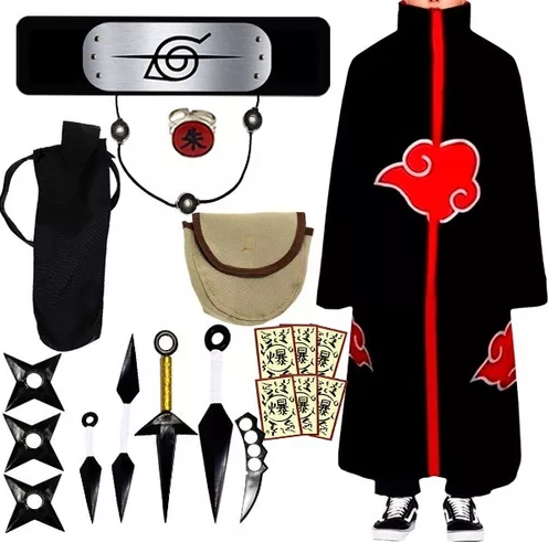 Kit Itachi Manto Akatsuki Infantil + 19 Itens Cosplay Naruto