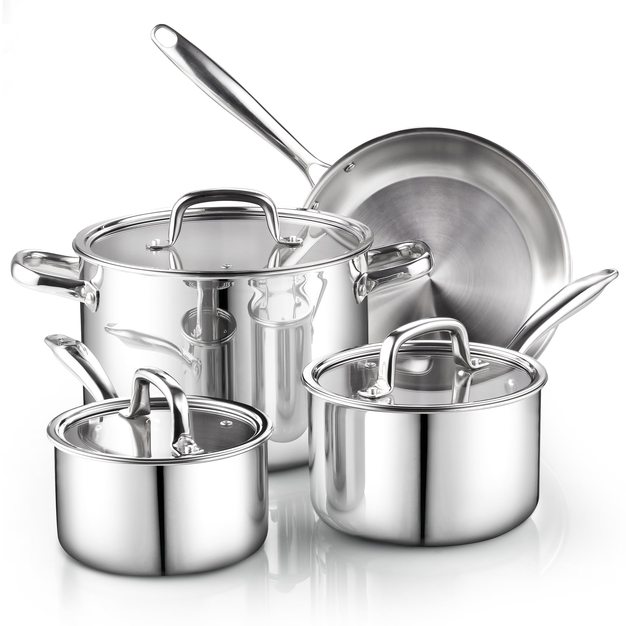 Cook N Home 7-Piece Tri-Ply Clad Stainless Steel Cookware Set, Pots and Pans Kitchen Set with Tempered Glass Lids, Induction-Ready, Dishwasher-Safe, Silver