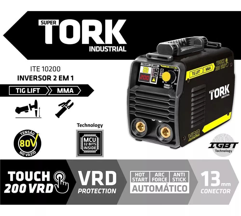 Máquina De Solda Inversora Tig Mma Touch 200 Amp Vrd Tork + Mascara De Solda Automática 4k Ton. 9-13 Tork
