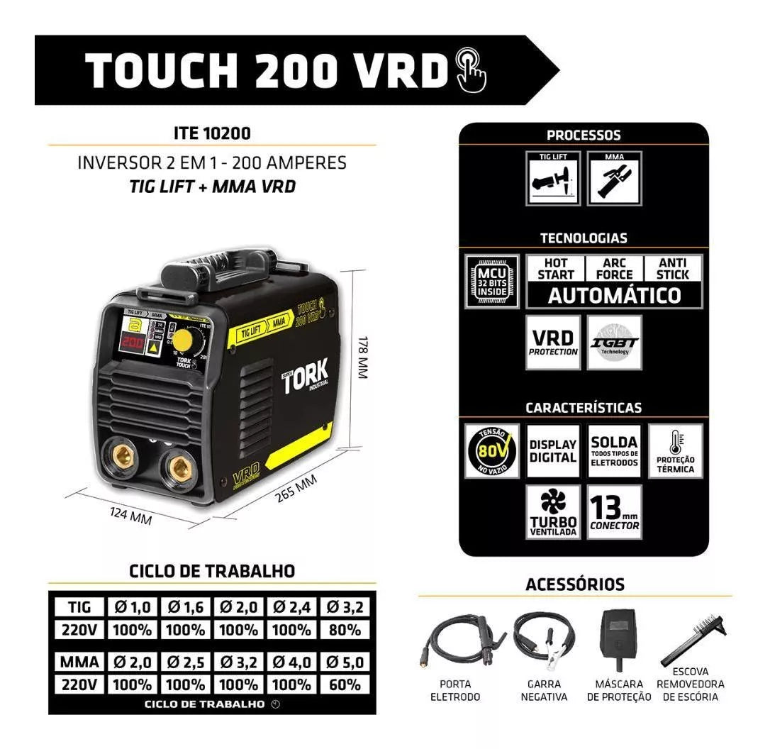 Máquina De Solda Inversora Tig Mma Touch 200 Amp Vrd Tork + Mascara De Solda Automática 4k Ton. 9-13 Tork