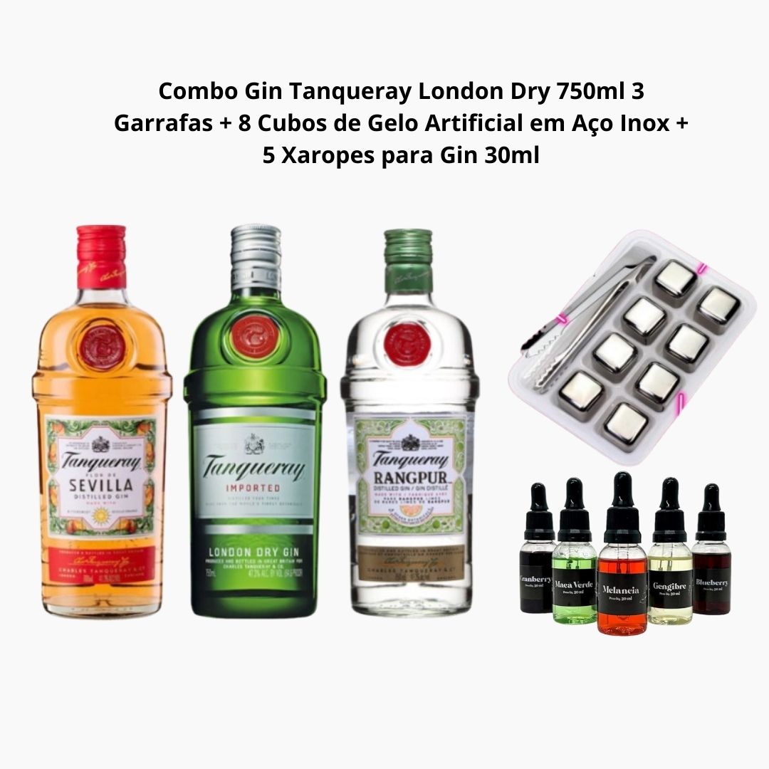 Combo Gin Tanqueray London Dry 750ml 3 Garrafas + 8 Cubos de Gelo Artificial em Aço Inox Reutilizável Com Pegador Drinks Whisky + 5 Xaropes para Gin 30ml