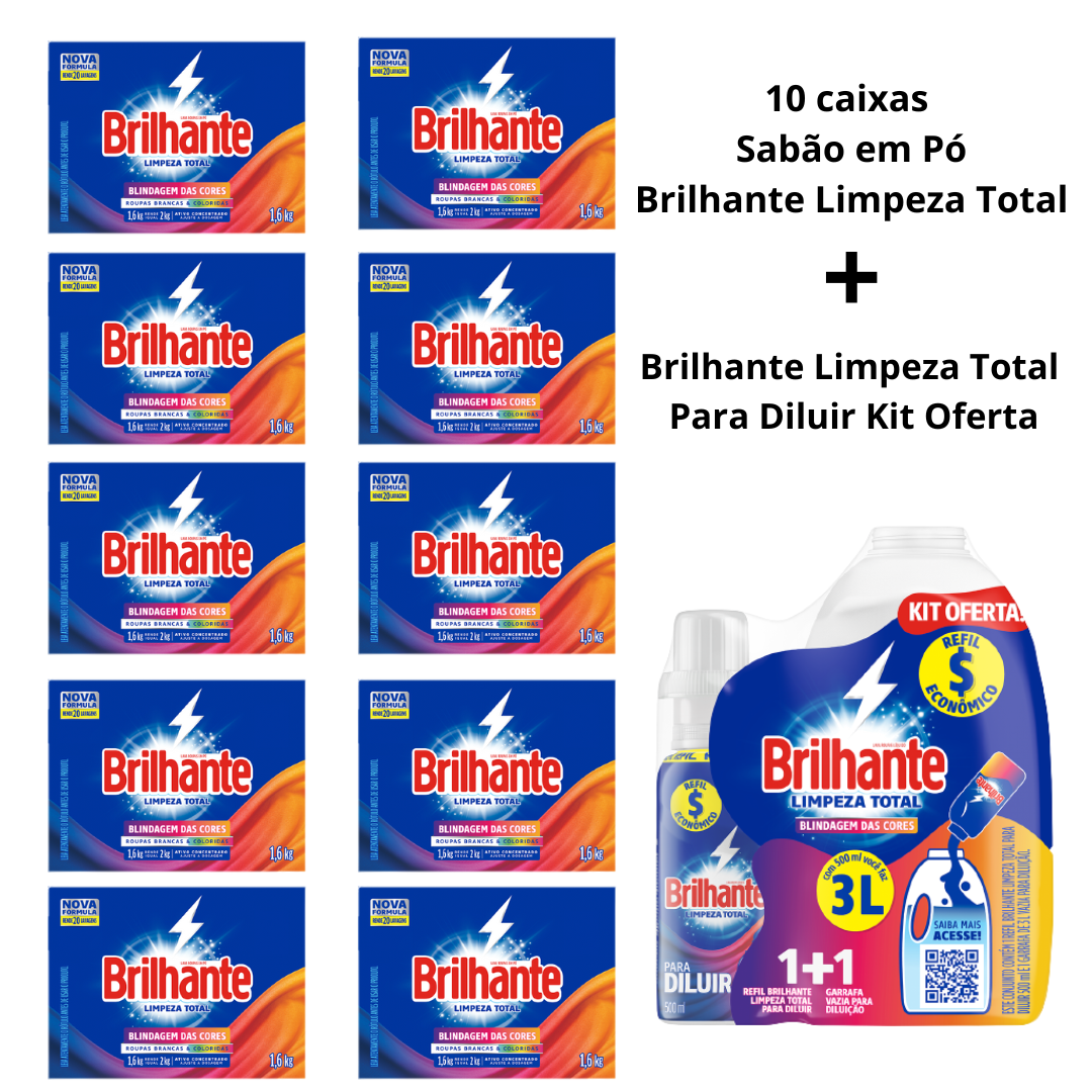 Combo 10cx Sabão em Pó Brilhante Limpeza Total + Brilhante Limpeza Total Para Diluir Kit Oferta