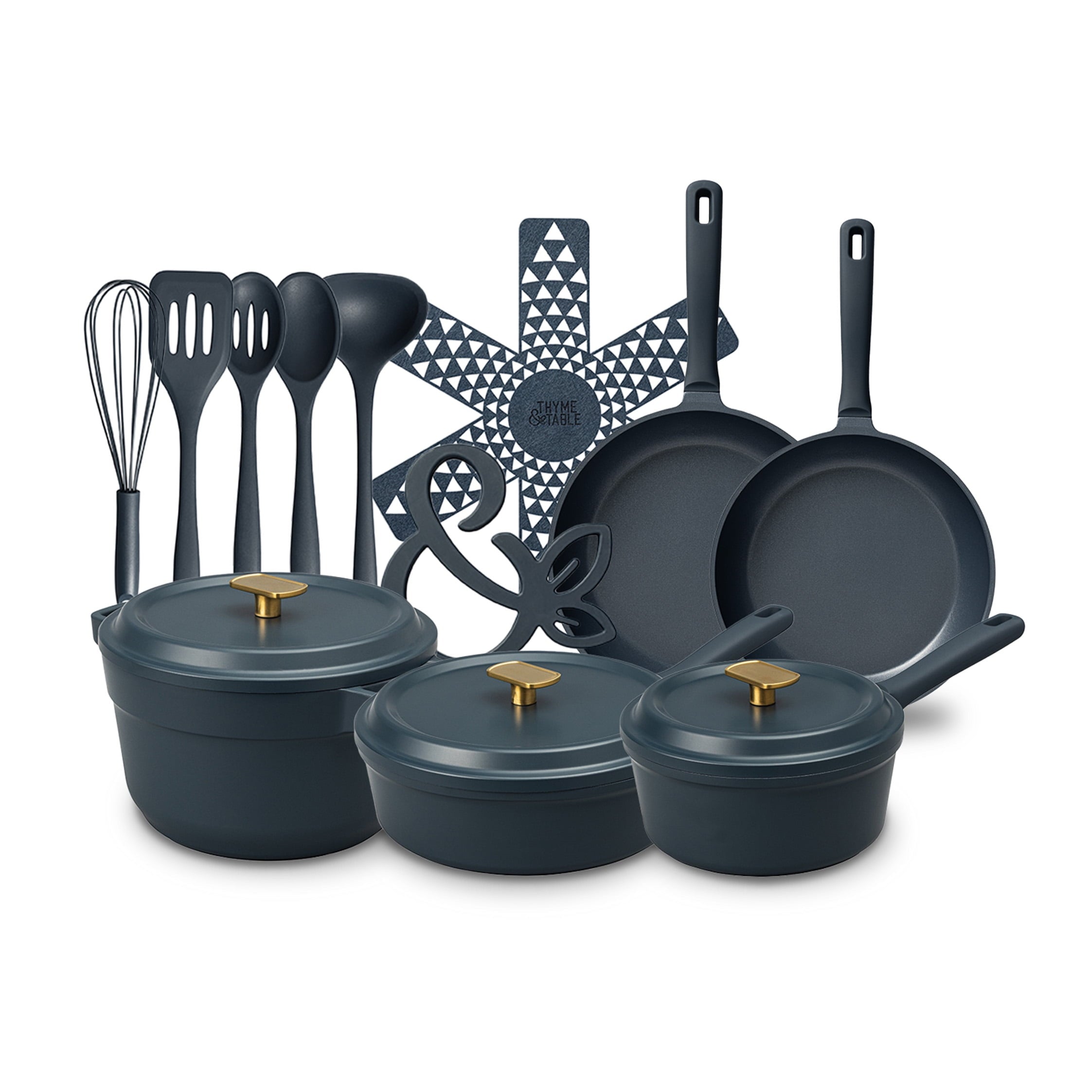Thyme & Table 18-Piece Non-stick Diecast Cookware & Silicone Utensil Set, Pots and Pans Set - Atlantic Blue