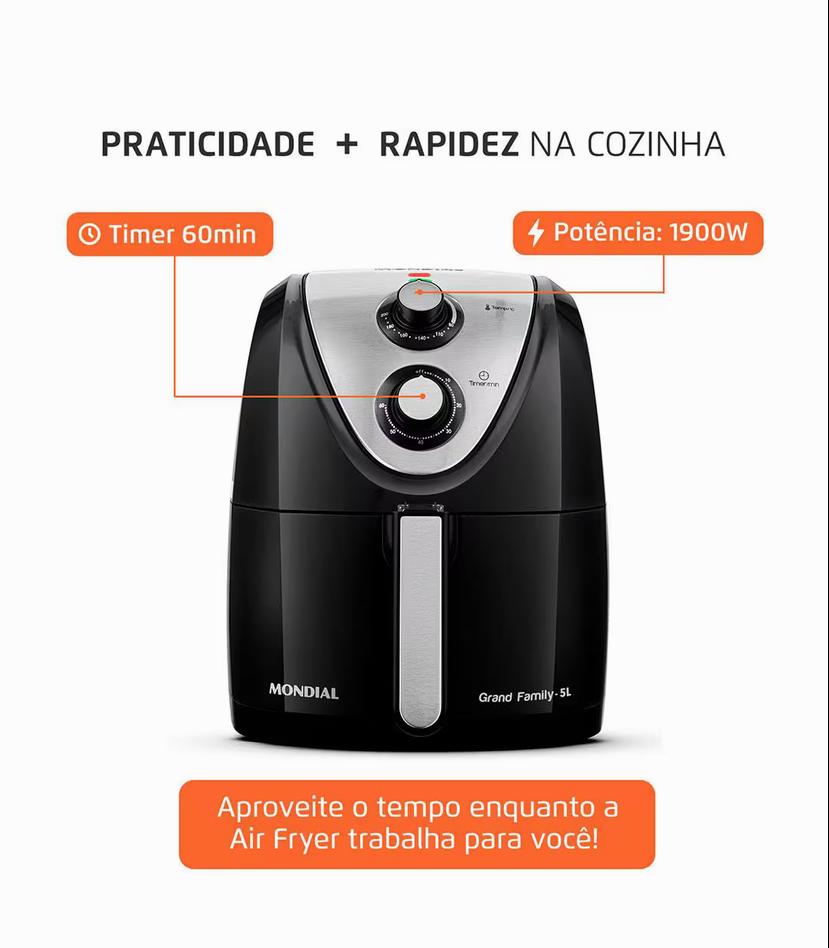 Fritadeira Sem Óleo Air Fryer 5L, Mondial, Preto/Inox, 1900W, BVOLT - AFN-50-BI