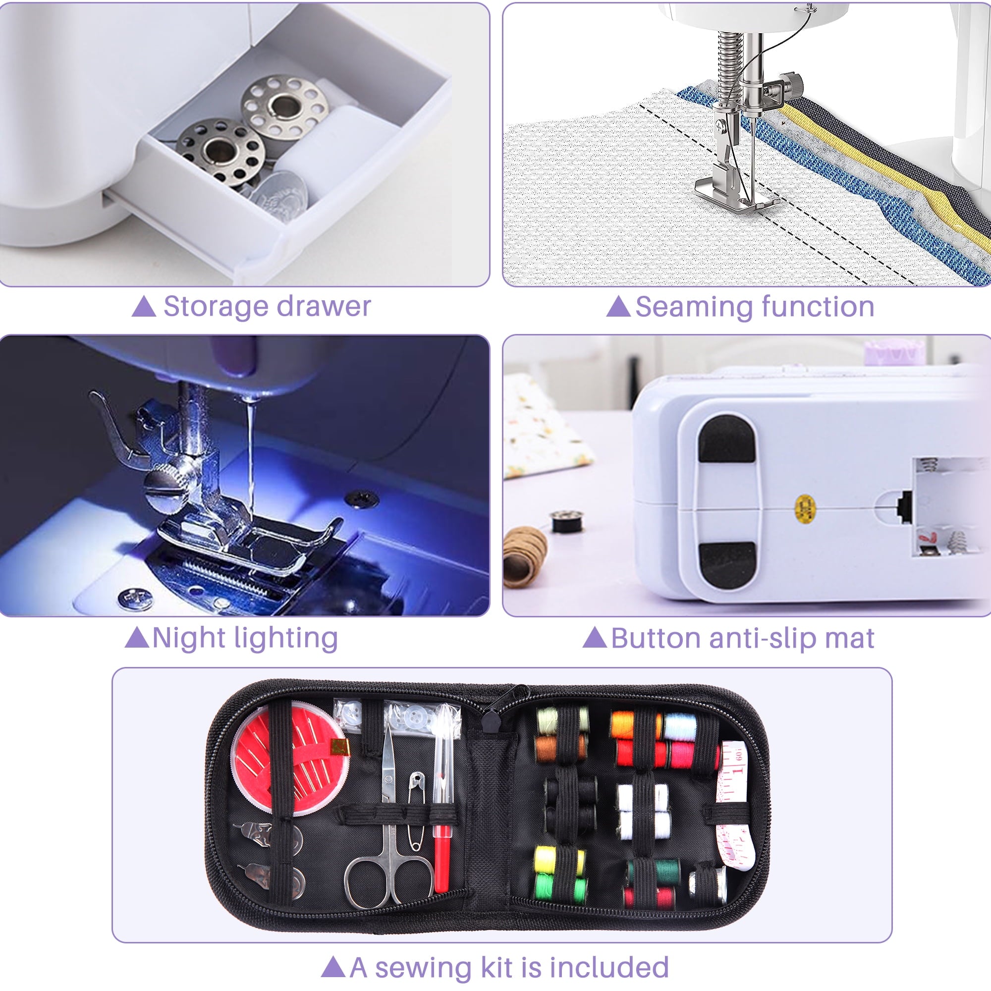 Máquina de costura BCOOSS para iniciantes, máquina portátil multifuncional com 12 pontos integrados