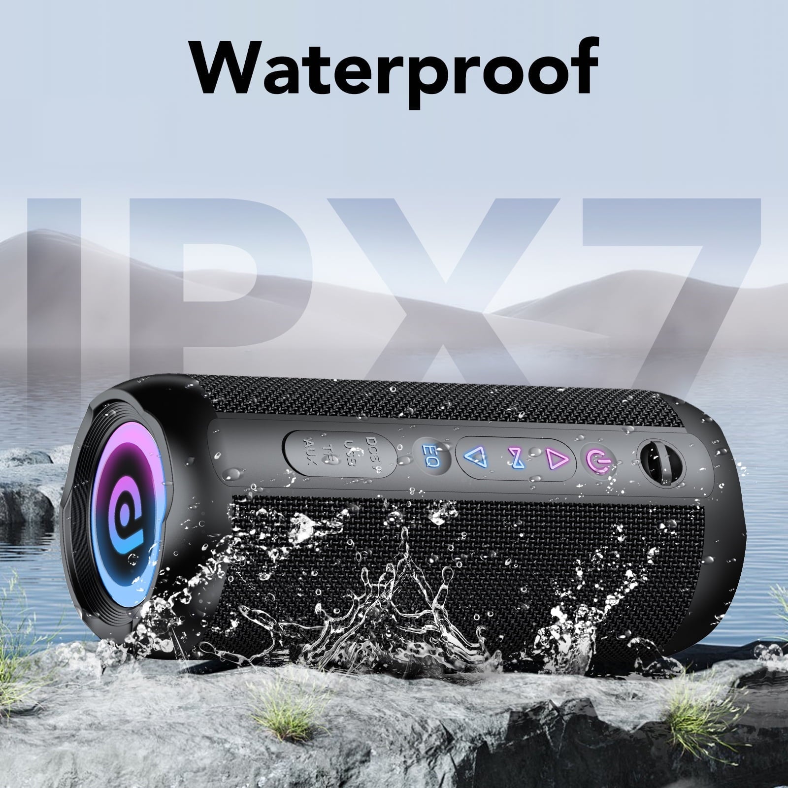 Portable Bluetooth Speaker IPX7 Waterproof, 30W Loud Sound, Deep Bass, Bluetooth 5.4, LED Lights, Wireless Stereo Pairing, 24H Playtime, for Home/Outdoor/Party/Beach, Birthday Gift (Black)