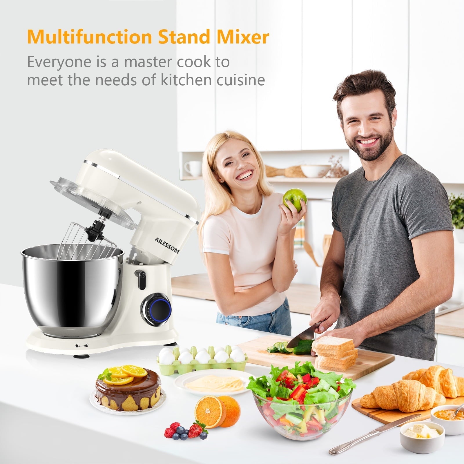 Ailessom New Stand Mixer,6.5-QT 10-Speed Tilt-Head Kitchen Electric Mixer with Bowl, Dough Hook, Beater, Whisk for Most Home Cooks,(Almond Cream)