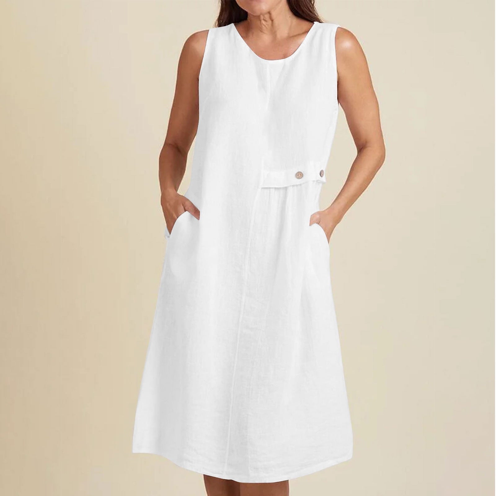 SMihono Womens Summer Dresses Lightweight Loose Crewneck Sleeveless Comfy Cotton Linen Dress Solid Flowy Midi Beach Dress White L