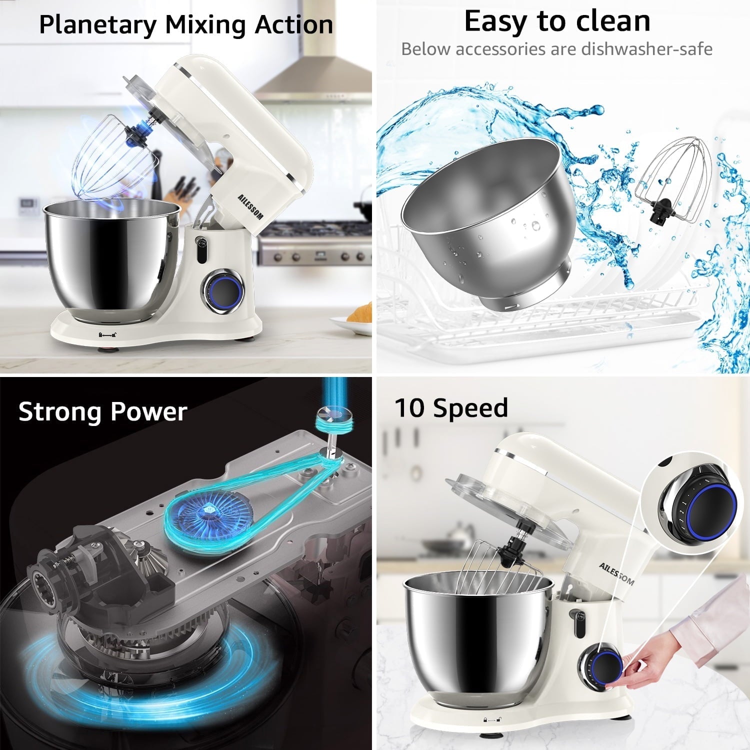 Ailessom New Stand Mixer,6.5-QT 10-Speed Tilt-Head Kitchen Electric Mixer with Bowl, Dough Hook, Beater, Whisk for Most Home Cooks,(Almond Cream)