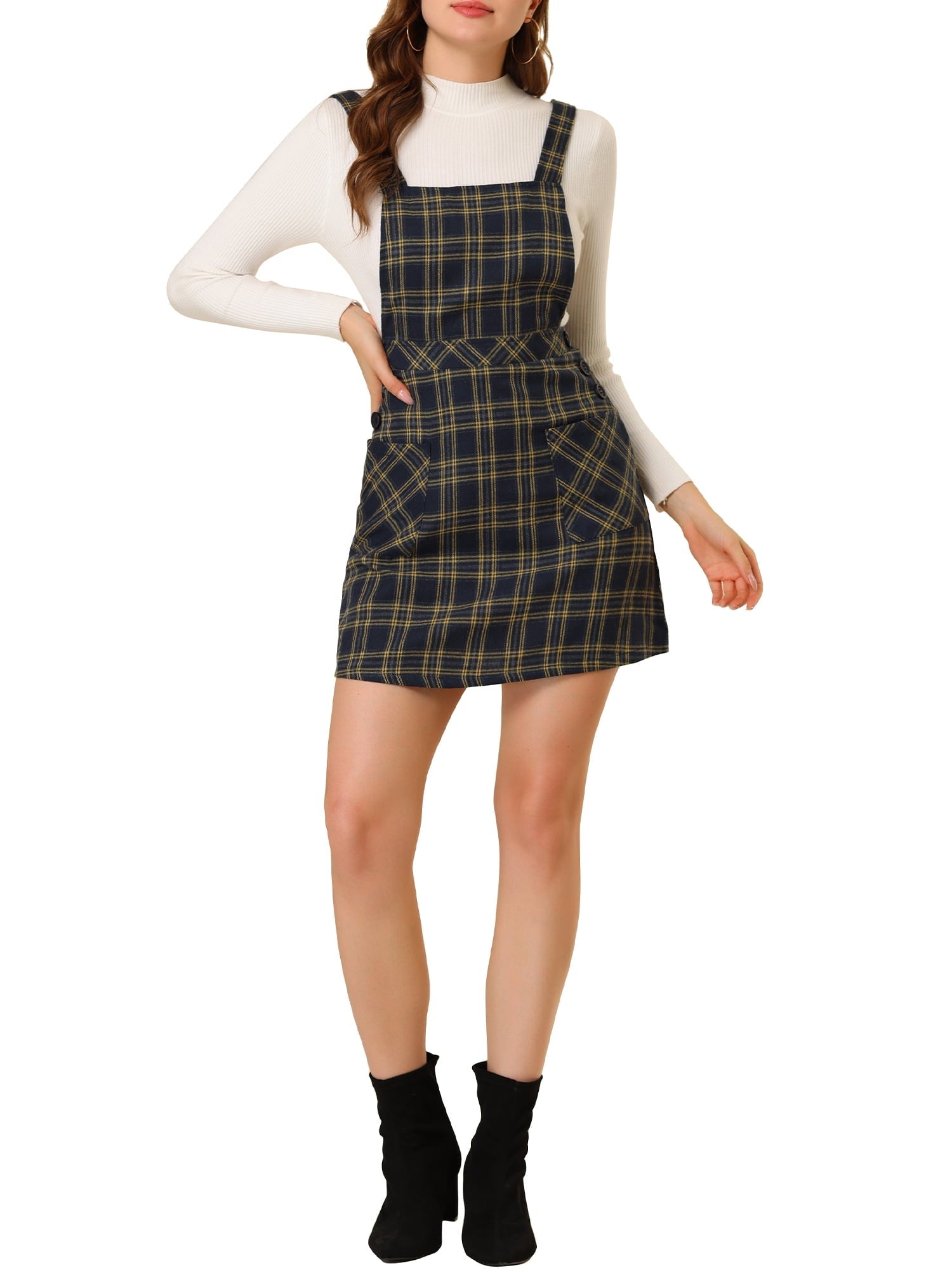 DARING DIVA Tartan Print Button Decor A-Line Pinafore Overall Dress M Navy Blue